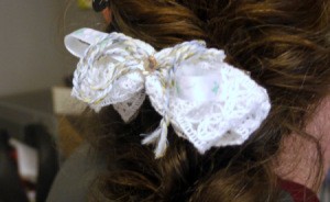 Shaggy Bow Hair Clip - finished bow in hair