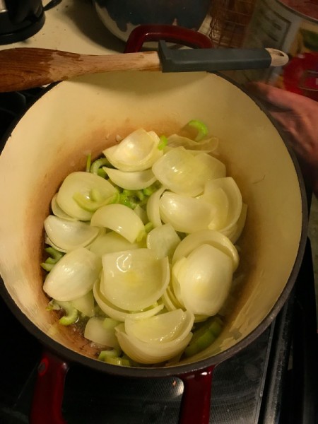 Onions and other vegetables, sauteed in butter.