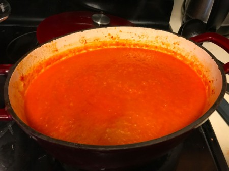 A pot of homemade tomato soup.