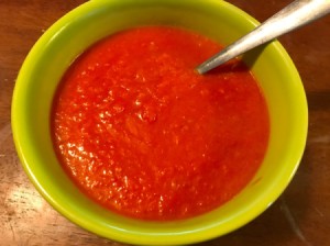 A bowl of homemade tomato soup.