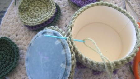 Crochet Koaster Keeper - sewing crochet covered plastic lid to covered box