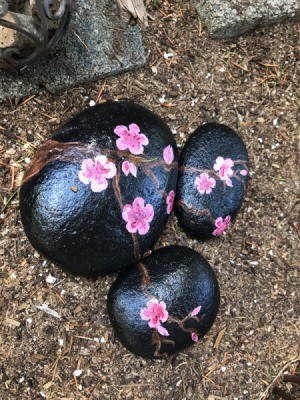 Painted Rocks in the Garden - three black painted rocks that combine to make a tree with cherry blooms
