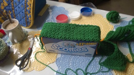 Lego Tissue Box Cover = continue crocheting until long enough to wrap around box