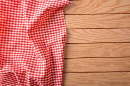 Red and white checkered tablecloth.