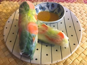 Chicken Spring Rolls with Peanut Dipping Sauce on plate