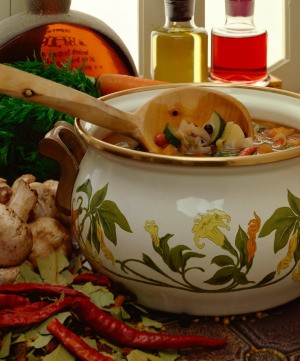 A pot of vegetable soup.