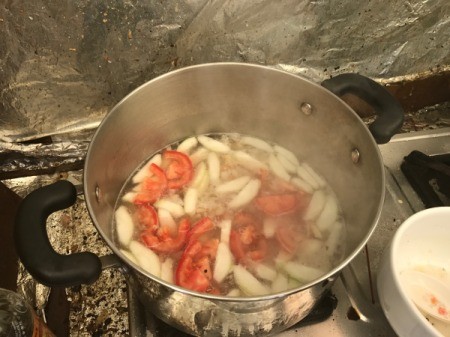 Opo Squash, Tomato and Shrimp Soup cooking in pan