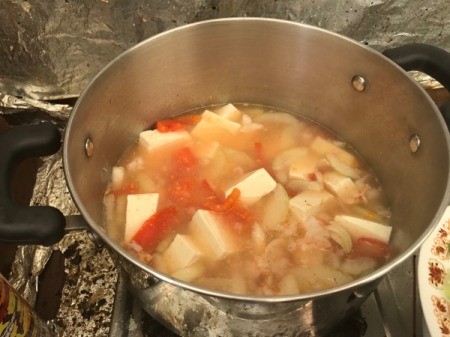 Opo Squash, Tofu, Tomato and Shrimp Soup cooking in pan