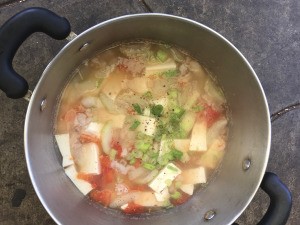 Opo Squash, Tofu, Tomato and Shrimp Soup in pan