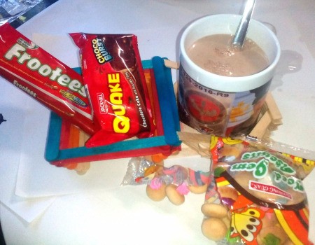 Mug Holder with Goody Compartment - mug in place with goodies in square compartment