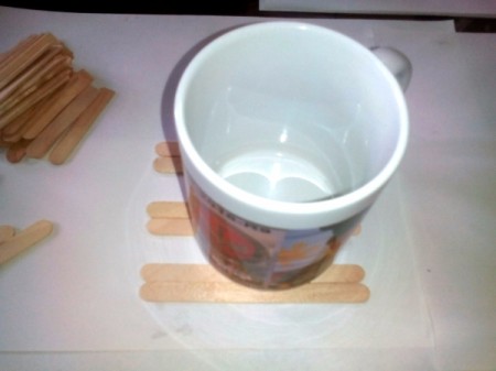 Mug Holder with Goody Compartment - check fit for correct spacing with a mug on top of the 3 pairs of sticks