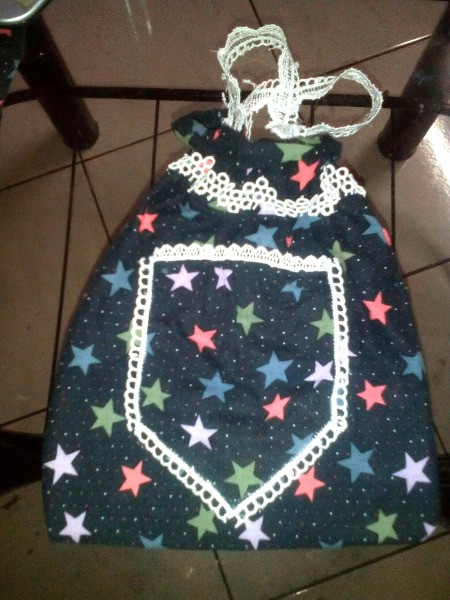 Pouch Made of Old Mini Dress - use last of lace for handles, turn right side out