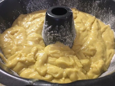 Mango Cake batter in bunt pan