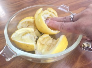 A bowl of leftover lemons, used for brightening nails.
