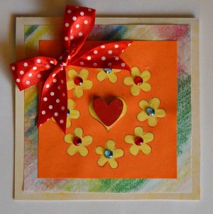 Colorful Summer Bleached Greeting Card - finished card with ribbon bow added to upper left of card