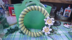 Crochet Daisy Wreath - green ribbon added and daisies glued on