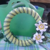 Crochet Daisy Wreath - green ribbon added and daisies glued on