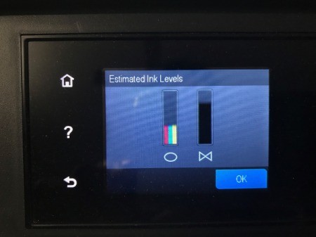 A printer showing ink levels on two cartridges.