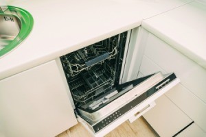 Dishwasher with the door open.