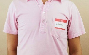 A name tag sticker on a shirt.
