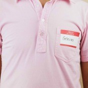 A name tag sticker on a shirt.