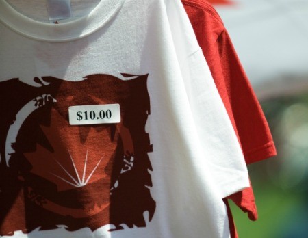 A price tag sticker on a shirt.