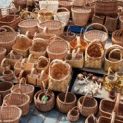Wicker products at a market.