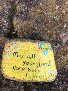 A painted rock that says "May all your good come back to you."