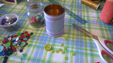 Tin Can Organizers - can with lavender paper