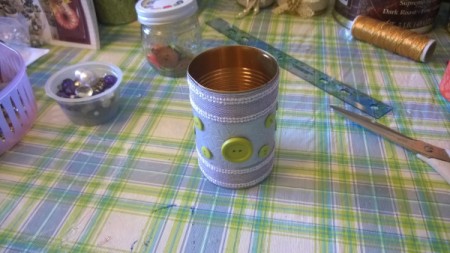 Tin Can Organizers - green buttons glued on