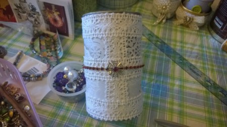 Tin Can Organizers - finished with and elastic bracelet and a bit of broken jewelry