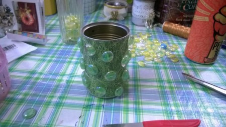 Tin Can Organizers - green glass glued on in a random way