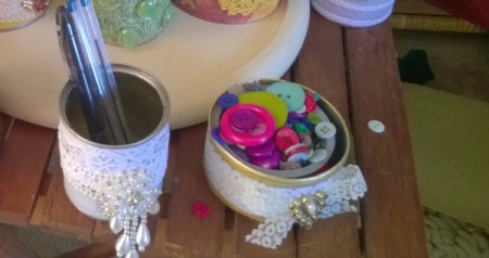 Tin Can Organizers - lacy decorated tuna and fruit cans