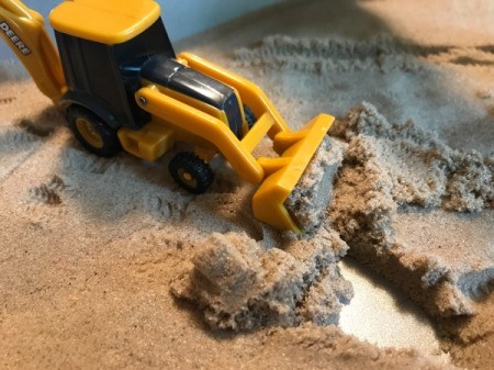 Lidded Cake Pan for Kinetic Sand - bulldozer pushing sand