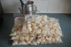 Several bags of cut and washed potatoes, ready for freezing.
