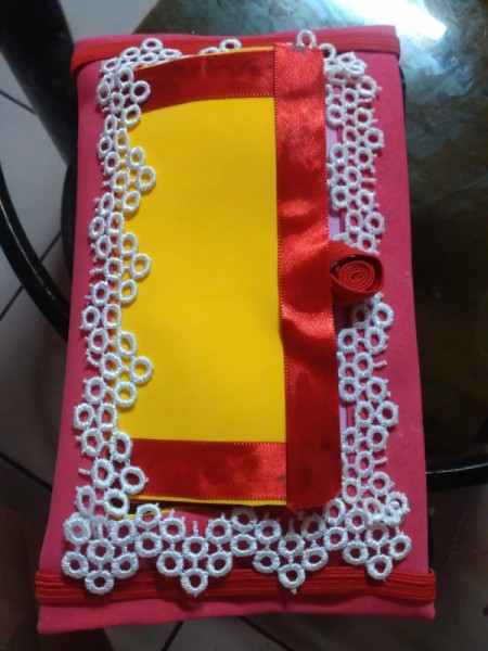 Pouch with Easy Tap Phone Case - check fit the loop over the roll, add lace and ribbon to cover cut edges