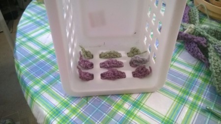 Crocheted and Woven Plastic Basket - view of short ends with strips woven in place, from the inside of the basket