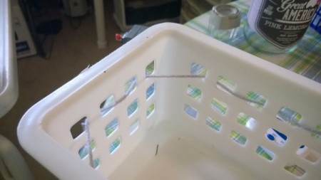 Crocheted and Woven Plastic Basket - test weaving in a single strand of yarn as seen from the inside