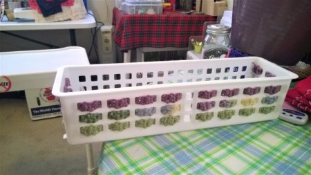 Crocheted and Woven Plastic Basket - center open space seen with 4 spaces to each side filled with crochet strips