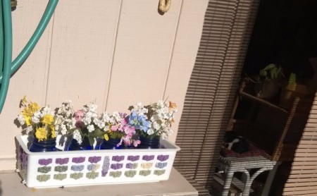 Crocheted and Woven Plastic Basket - faux flowers