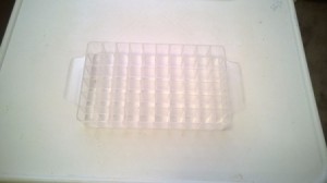 An empty plastic container, divided into cubes.