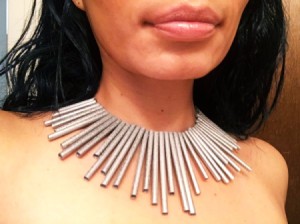 Drinking Straw Statement Necklace - artist wearing the finished necklace