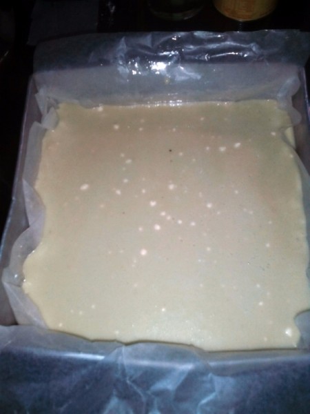 Pandan Rice Cake batter in lined pan