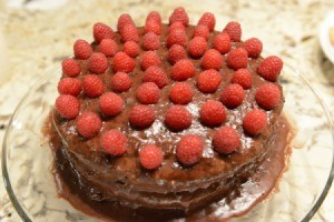 finished Chocolate Cake with raspberries on top