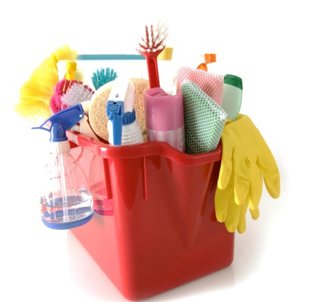 A bucket of cleaning tools.
