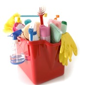 A bucket of cleaning tools.