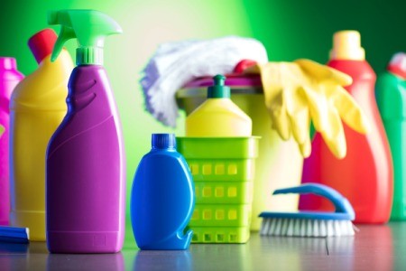 Colorful cleaning supplies.