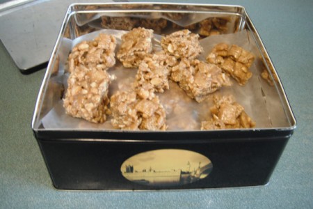 No-Bake Peanut Butter Caramel  Crunch pieces in tin