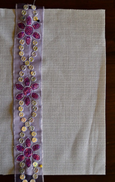 Decorated Journal Teacher's Appreciation Gift - pin the ribbon to the linen, sew in place