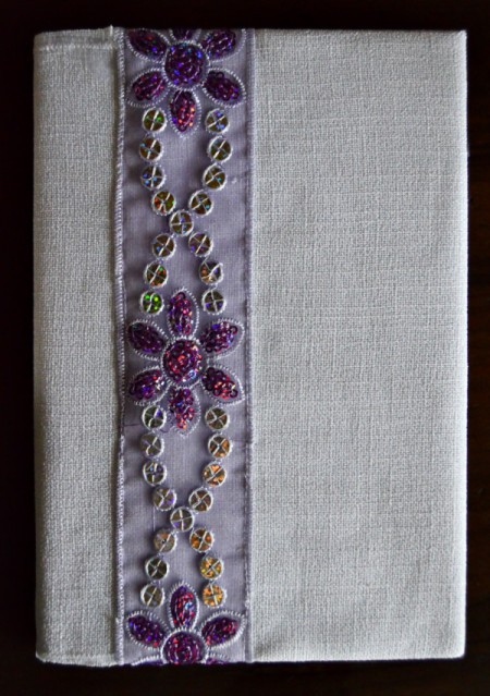 Decorated Journal Teacher's Appreciation Gift - glue the linen in place and cut away the marked rectangles, taking care not to cut through the zig zag stitching